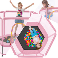 55'' Toddlers Trampoline With Safety Enclosure Net And Balls, Indoor Outdoor Mini Trampoline For Kids Pink Metal