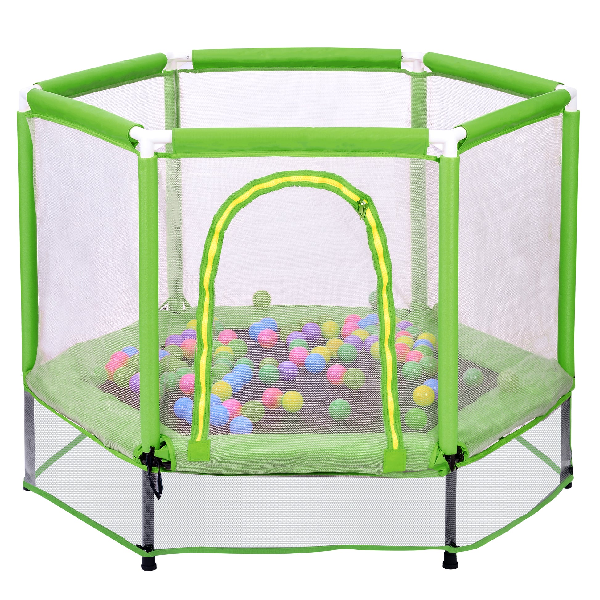 55'' Toddlers Trampoline With Safety Enclosure Net And Balls, Indoor Outdoor Mini Trampoline For Kids Green Metal