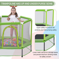 55'' Toddlers Trampoline With Safety Enclosure Net And Balls, Indoor Outdoor Mini Trampoline For Kids Green Metal