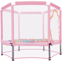 55'' Toddlers Trampoline With Safety Enclosure Net And Balls, Indoor Outdoor Mini Trampoline For Kids Pink Metal