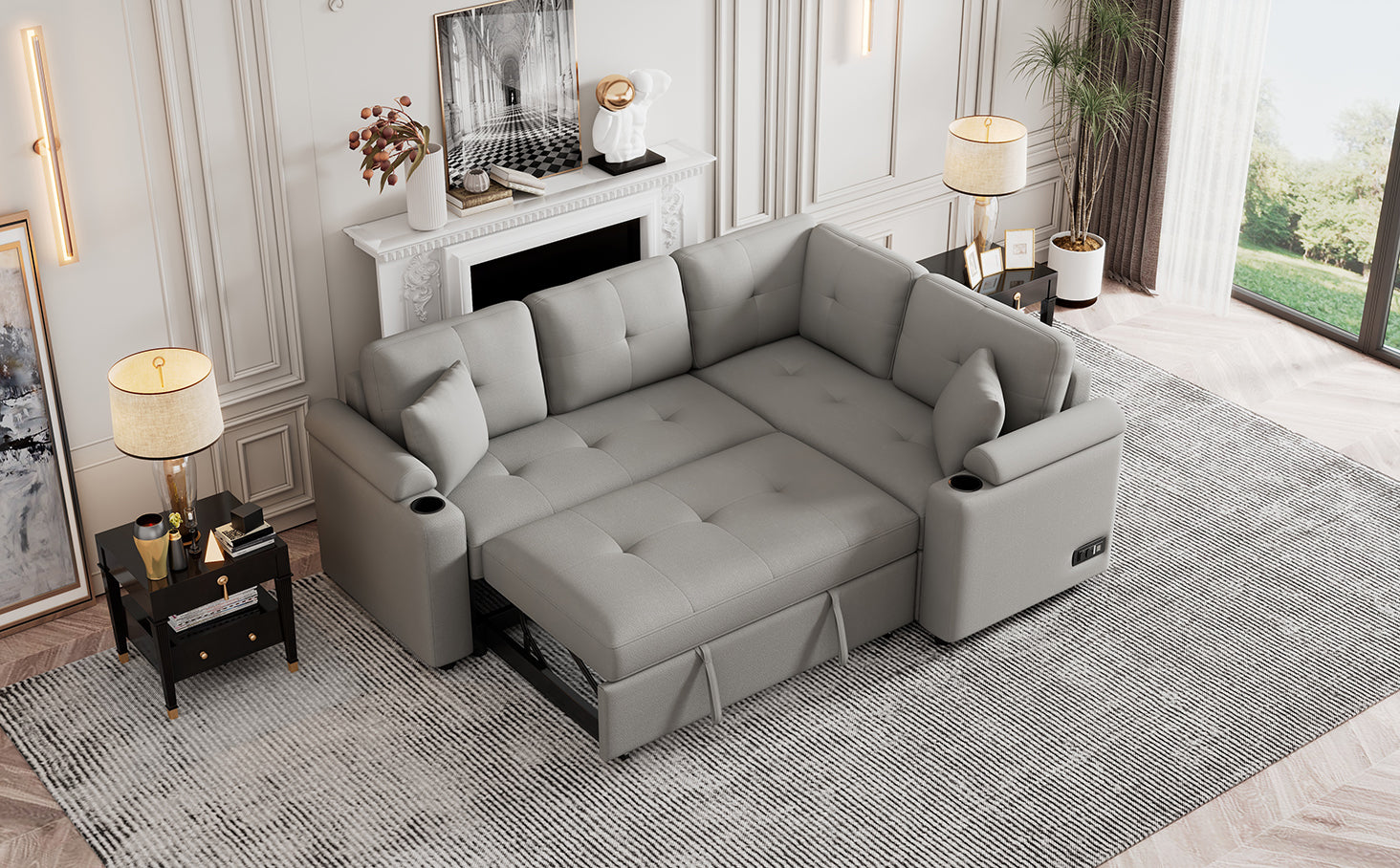 83" L Shape Sofa Bed Pull Out Sleeper Sofa With Wheels, Usb Ports, Power Sockets For Living Room, Grey Grey Foam Boucle 3 Seat