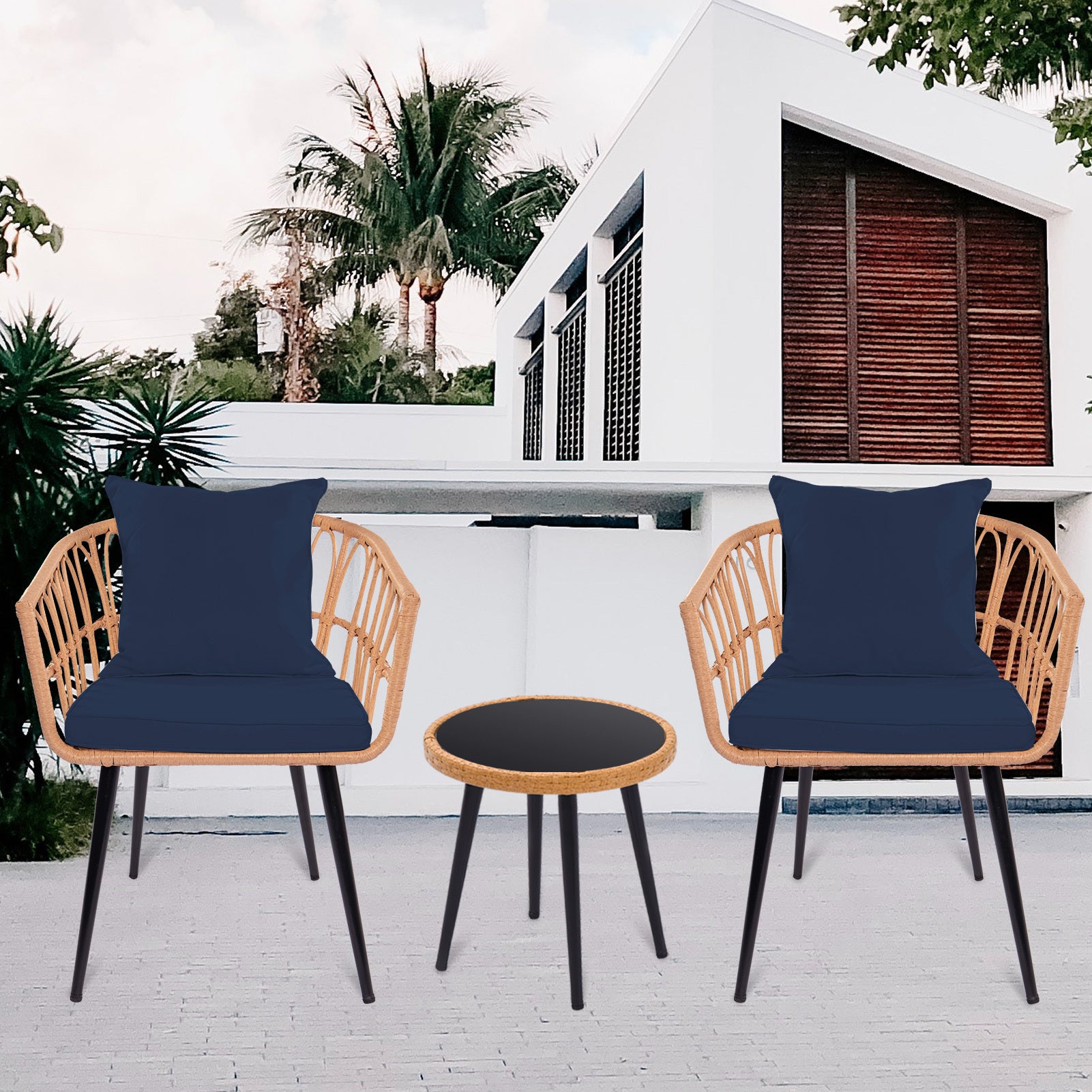 3 Piece Patio Bistro Set With Side Table, Outdoor Pe Rattan Conversation Chair Set,Furniture Of Coffee Table With Glass Top,Cushions & Lumbar Pillows For Garden,Backyard,Balcony Or Poolside Dark Blue Yes Dark Blue Weather Resistant Frame Garden & Outdoor