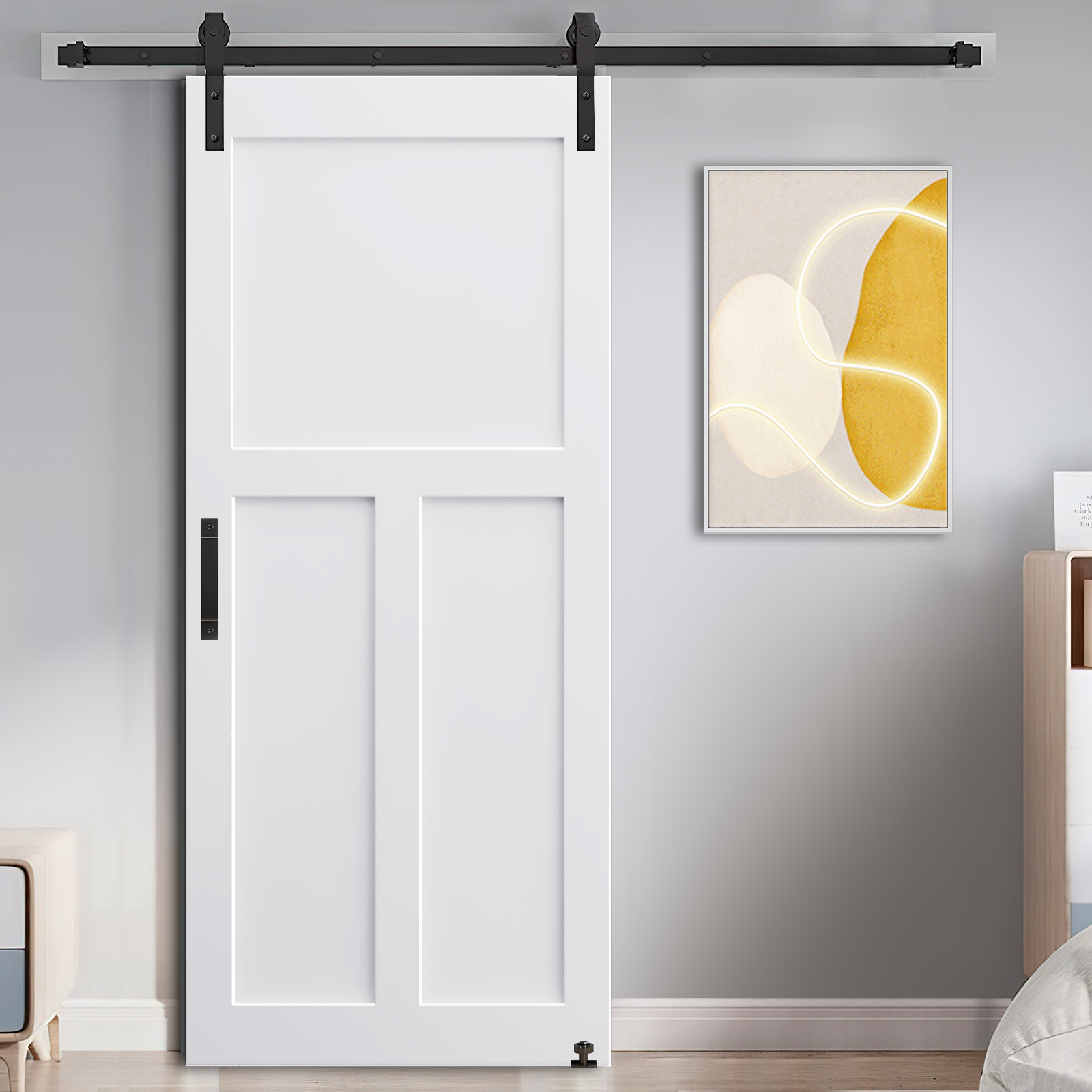 36" X 84" "T" Style Real Primed Door Slab 6.6Ft Barn Door Sliding Hardware Adjustable Floor Guider Pull Handle, Diy Unfinished Paneled Door, Modern Interior Barn Door, Moisture Proof White Mdf