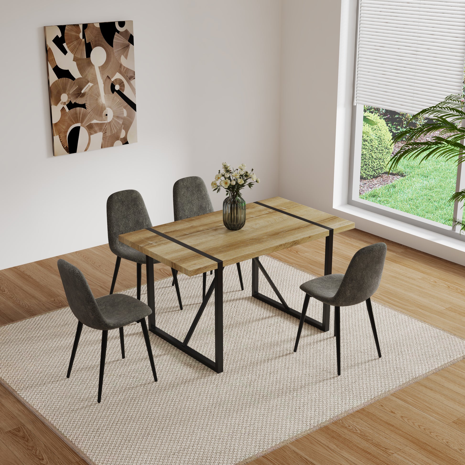 55" Mdf Wood Colour Dining Table And Modern Dining Chair Set Of 4, Mid Century Wooden Kitchen Table Set, Metal Base & Legs, Dining Room Table And Suede Chairs Natural Grey Kitchen Mid Century Modern