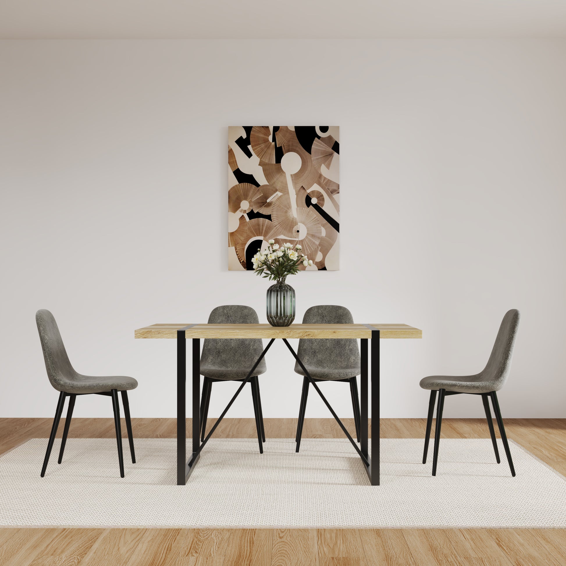 55" Mdf Wood Colour Dining Table And Modern Dining Chair Set Of 4, Mid Century Wooden Kitchen Table Set, Metal Base & Legs, Dining Room Table And Suede Chairs Natural Grey Kitchen Mid Century Modern