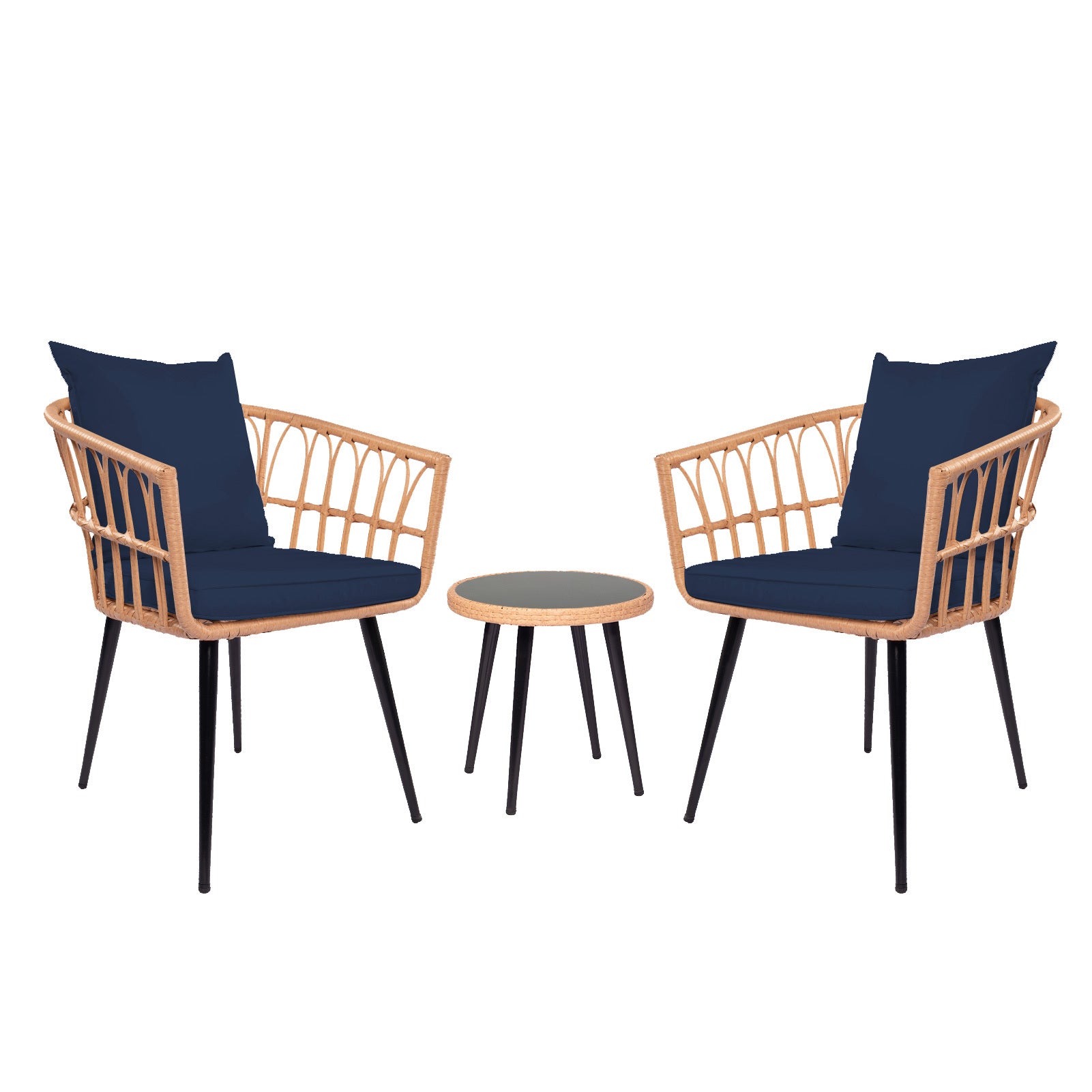 3 Piece Patio Bistro Set With Side Table, Outdoor Pe Rattan Conversation Chair Set,Furniture Of Coffee Table With Glass Top,Cushions & Lumbar Pillows For Garden,Backyard,Balcony Or Poolside Dark Blue Yes Dark Blue Weather Resistant Frame Garden & Outdoor