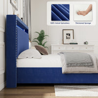 Luxury Gas Lift Storage Bed With Rf Led Lights, Storage Headboard ,Full Size ,Velvet Blue Box Spring Not Required Full Blue Wood Brown Bedroom American Design Poplar Slat Beds Polyurethane Foam Velvet Metal & Wood