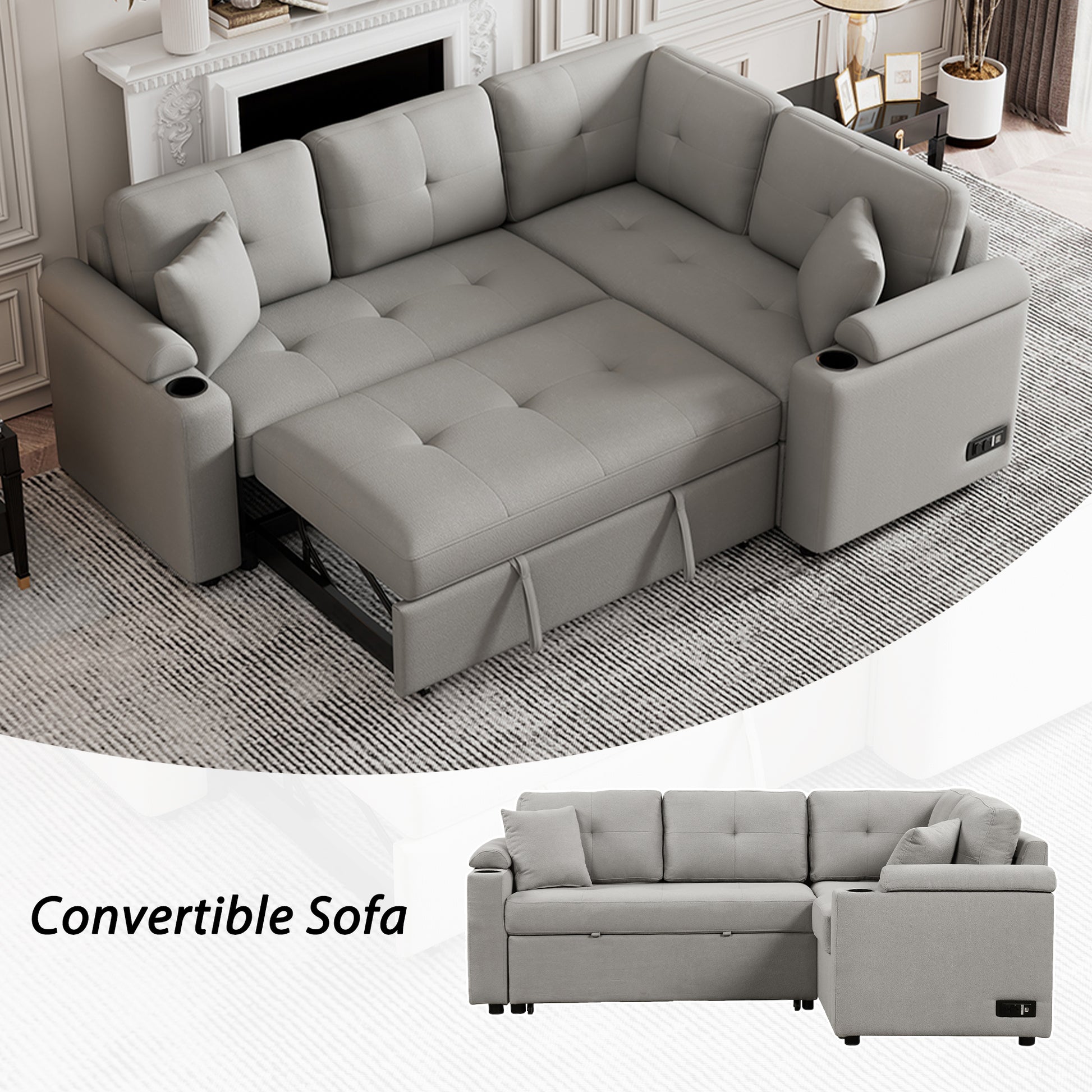 83" L Shape Sofa Bed Pull Out Sleeper Sofa With Wheels, Usb Ports, Power Sockets For Living Room, Grey Grey Foam Boucle 3 Seat