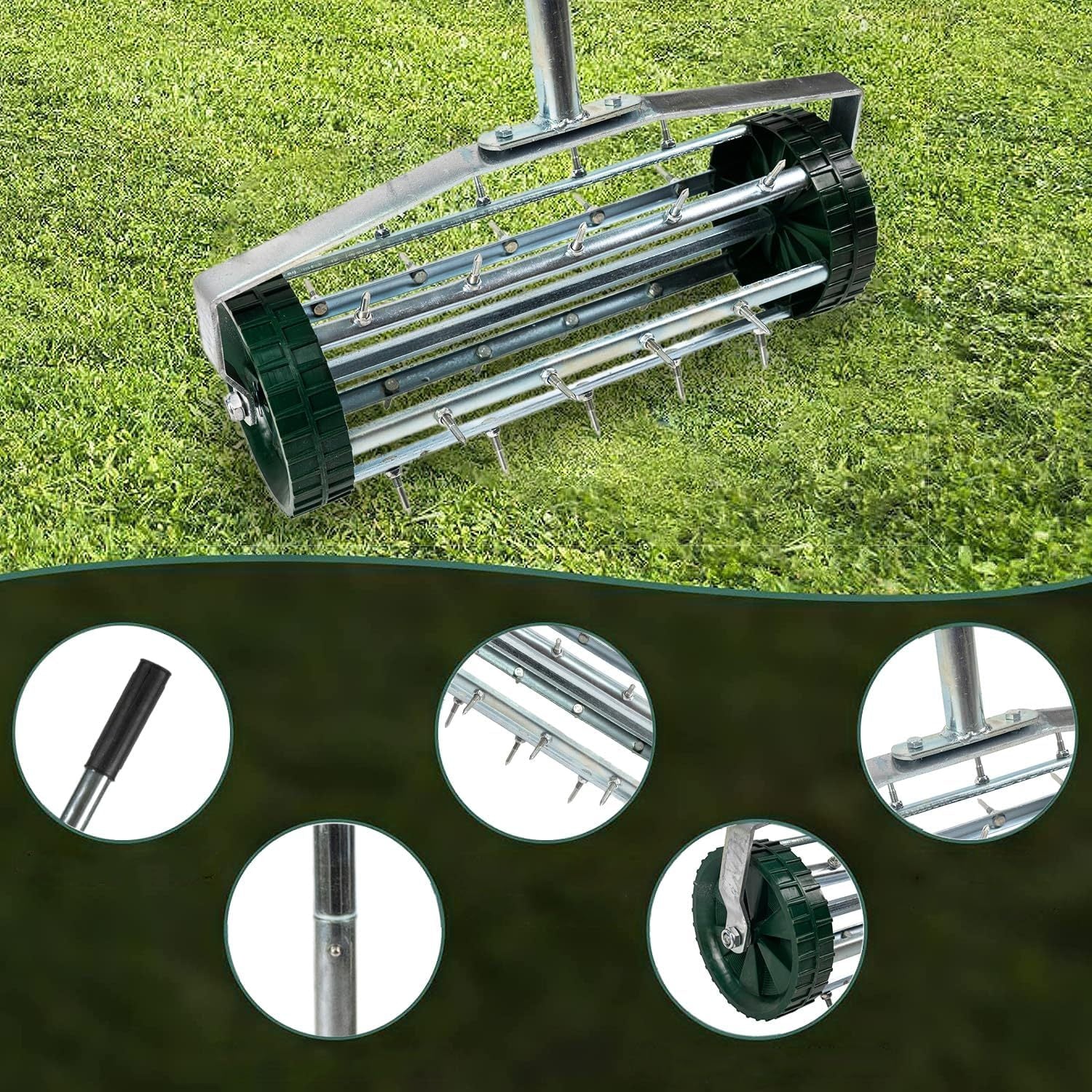 Heavy Duty Rolling Lawn Aerator,Rolling Lawn Aerator, Rotary Push Tine Spike Soil Lawn Aerator Gardening Tool With 3 Piece Long Steel Handle For Garden Yard Grass Maintenance,Garden Yard Rotary Push Silver Abs Steel Q235