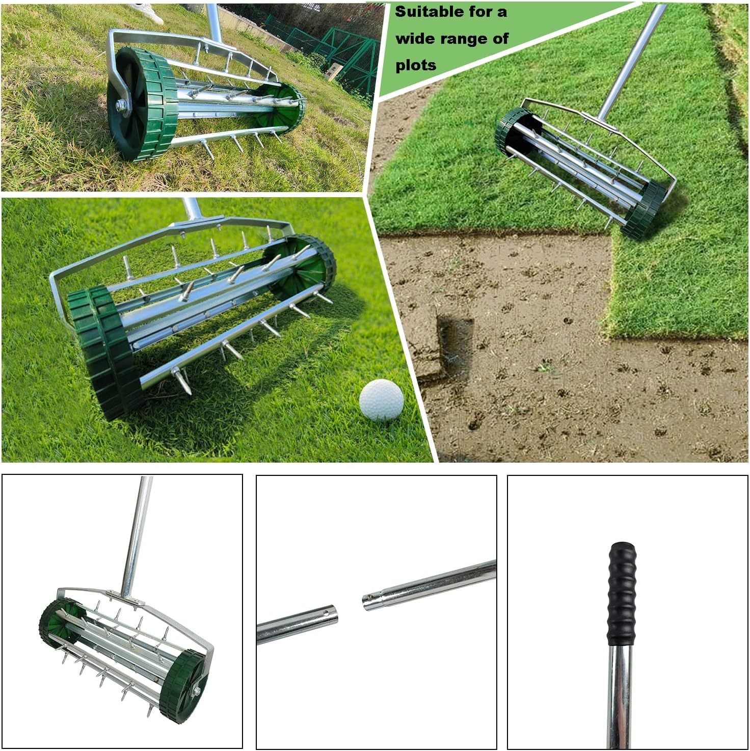 Heavy Duty Rolling Lawn Aerator,Rolling Lawn Aerator, Rotary Push Tine Spike Soil Lawn Aerator Gardening Tool With 3 Piece Long Steel Handle For Garden Yard Grass Maintenance,Garden Yard Rotary Push Silver Abs Steel Q235