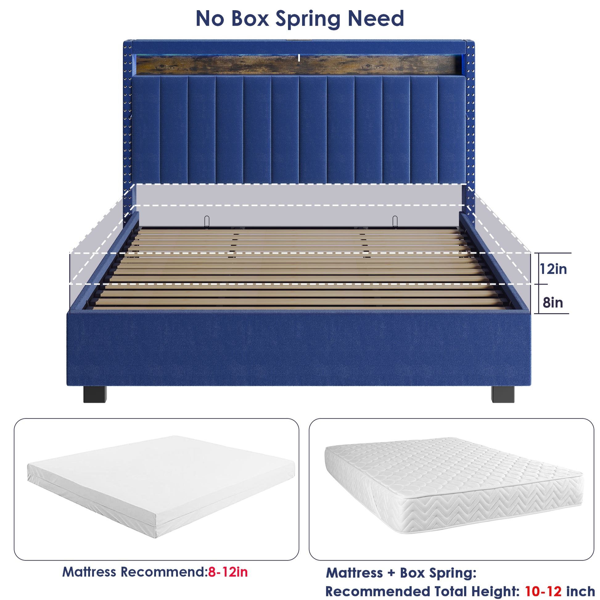 Luxury Gas Lift Storage Bed With Rf Led Lights, Storage Headboard ,Full Size ,Velvet Blue Box Spring Not Required Full Blue Wood Brown Bedroom American Design Poplar Slat Beds Polyurethane Foam Velvet Metal & Wood