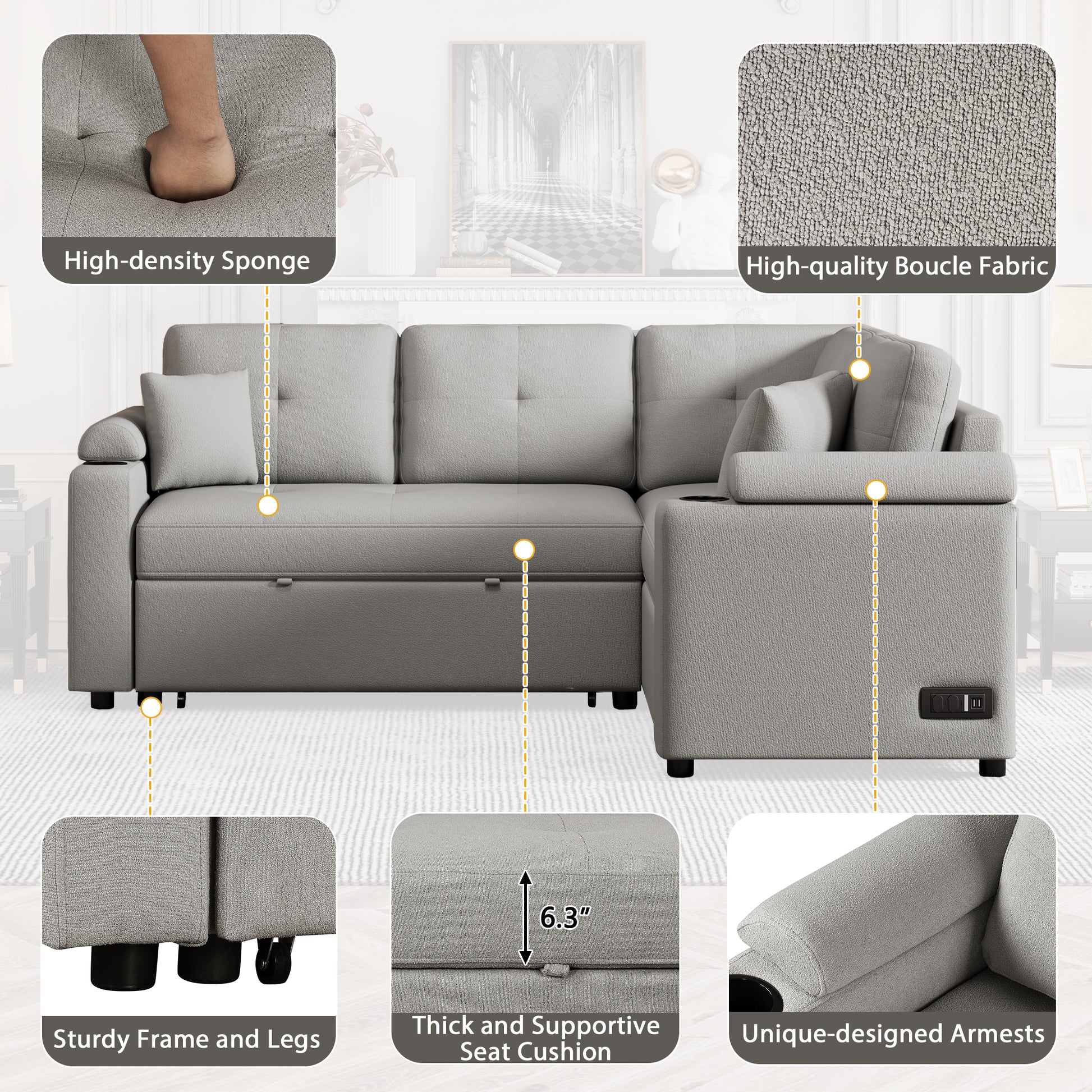 83" L Shape Sofa Bed Pull Out Sleeper Sofa With Wheels, Usb Ports, Power Sockets For Living Room, Grey Grey Foam Boucle 3 Seat