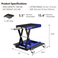 1100 Lbs Steel Wide Deck Motorcycle Lift Atv Scissor Lift Jack With Dolly And Hand Crank Bikes Garage Repair Hoist Stand Blue Steel