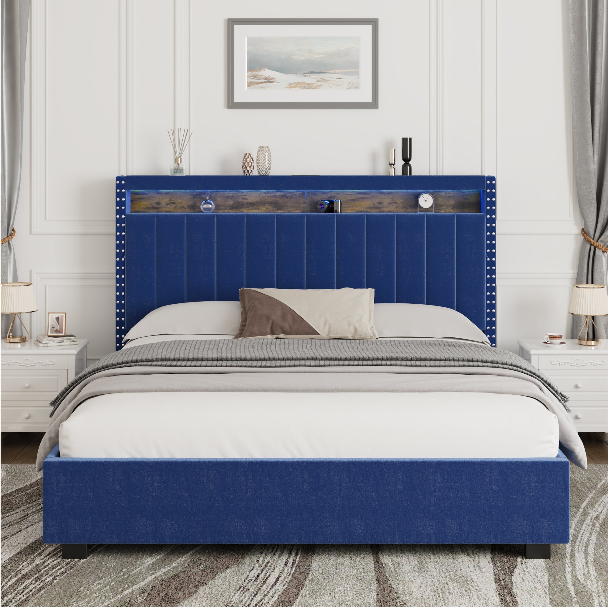 Luxury Gas Lift Storage Bed With Rf Led Lights, Storage Headboard ,Full Size ,Velvet Blue Box Spring Not Required Full Blue Wood Brown Bedroom American Design Poplar Slat Beds Polyurethane Foam Velvet Metal & Wood