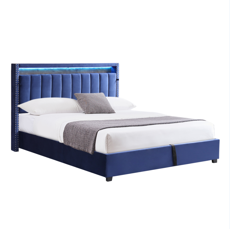 Luxury Gas Lift Storage Bed With Rf Led Lights, Storage Headboard ,Full Size ,Velvet Blue Box Spring Not Required Full Blue Wood Brown Bedroom American Design Poplar Slat Beds Polyurethane Foam Velvet Metal & Wood