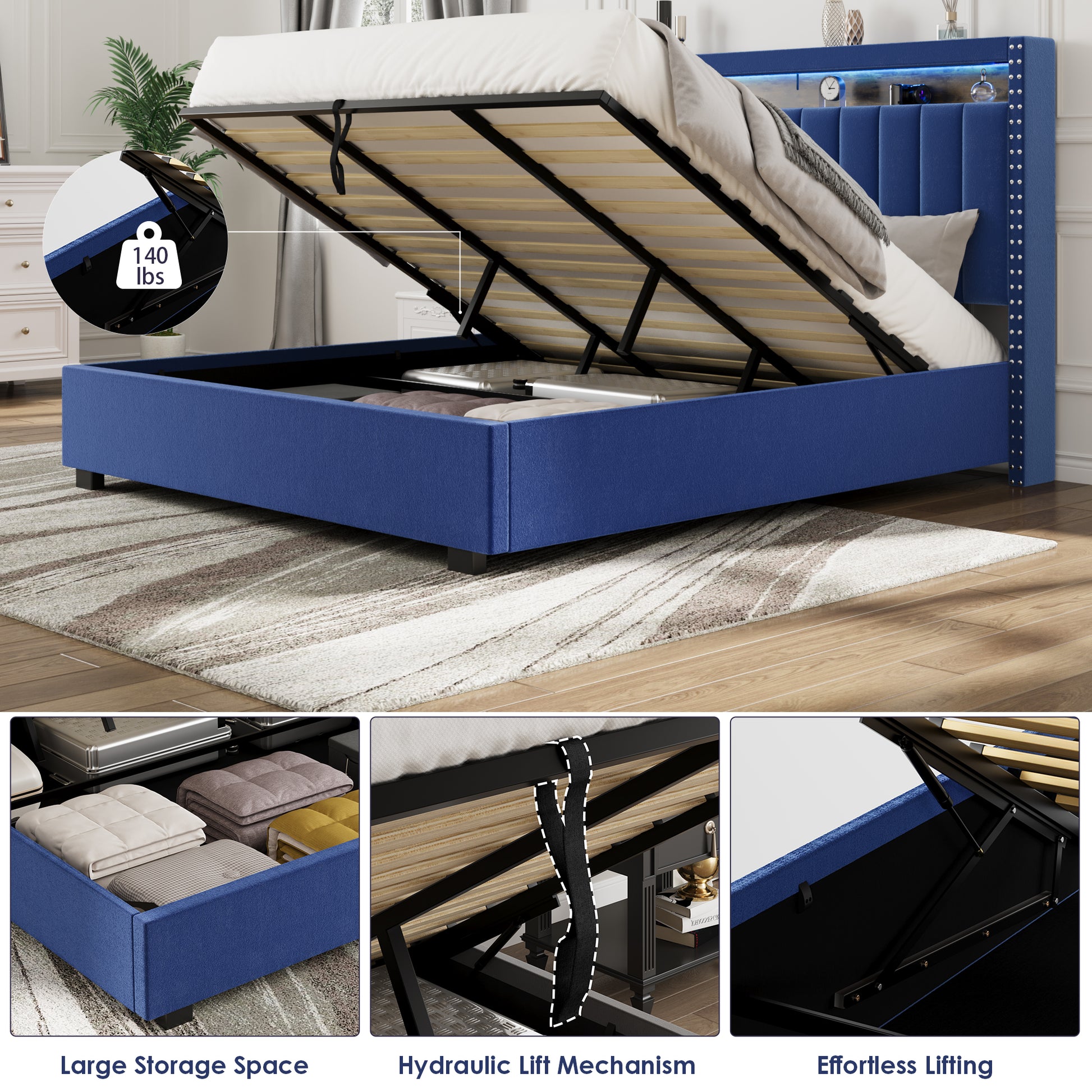 Luxury Gas Lift Storage Bed With Rf Led Lights, Storage Headboard ,Full Size ,Velvet Blue Box Spring Not Required Full Blue Wood Brown Bedroom American Design Poplar Slat Beds Polyurethane Foam Velvet Metal & Wood