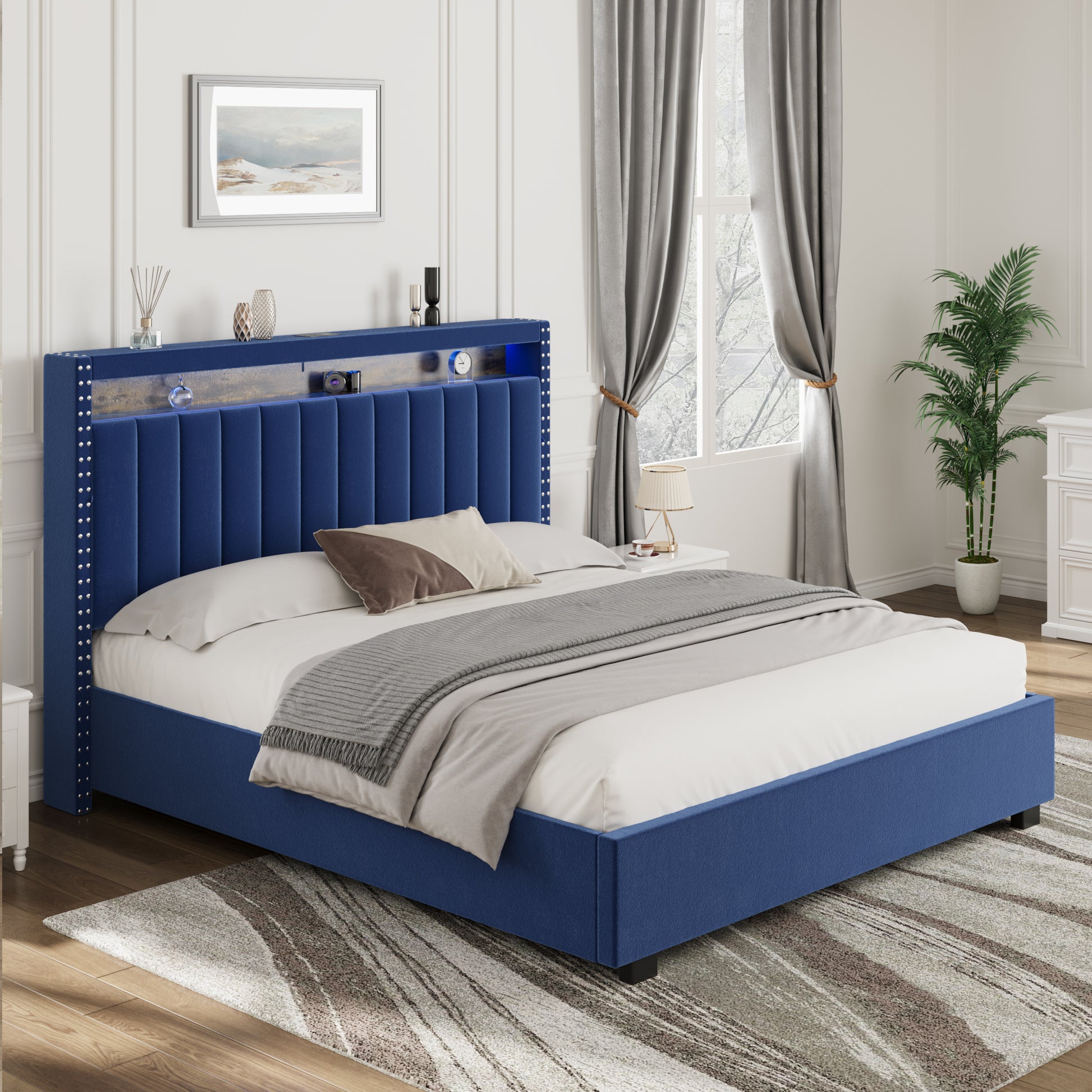 Luxury Gas Lift Storage Bed With Rf Led Lights, Storage Headboard ,Full Size ,Velvet Blue Box Spring Not Required Full Blue Wood Brown Bedroom American Design Poplar Slat Beds Polyurethane Foam Velvet Metal & Wood