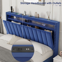 Luxury Gas Lift Storage Bed With Rf Led Lights, Storage Headboard ,Full Size ,Velvet Blue Box Spring Not Required Full Blue Wood Brown Bedroom American Design Poplar Slat Beds Polyurethane Foam Velvet Metal & Wood