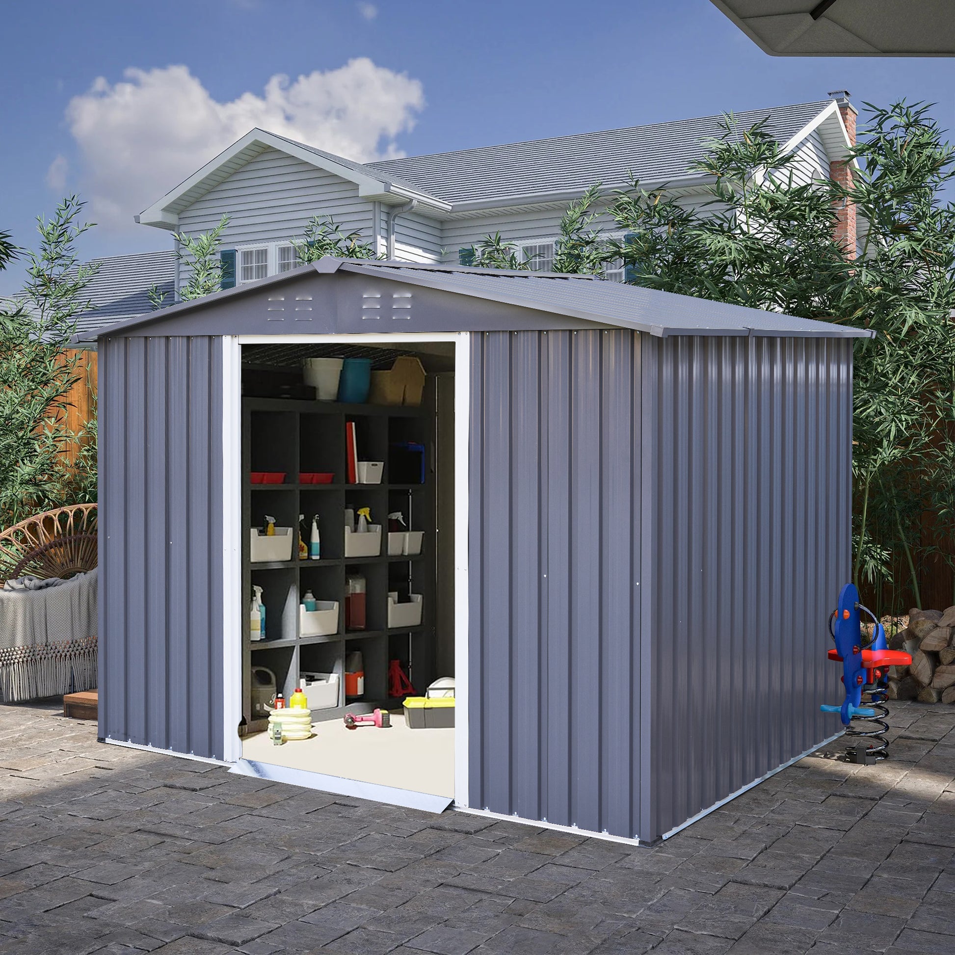 Outdoor Storage Shed 8 X 6 Ft Large Metal Tool Sheds, Heavy Duty Storage House With Sliding Doors With Air Vent For Backyard Patio Lawn To Store Bikes, Tools, Lawnmowers Dark Grey Dark Grey Rectangular None Garden & Outdoor Modern Year Round Use Anchored