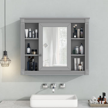 35'' X 28'' Wall Mounted Bathroom Storage Cabinet, Medicine Cabinet, Modern Bathroom Wall Cabinet With Mirror, Mirror Cabinet With 6 Open Shelves Not Include Bathroom Vanity Grey Bathroom Mdf