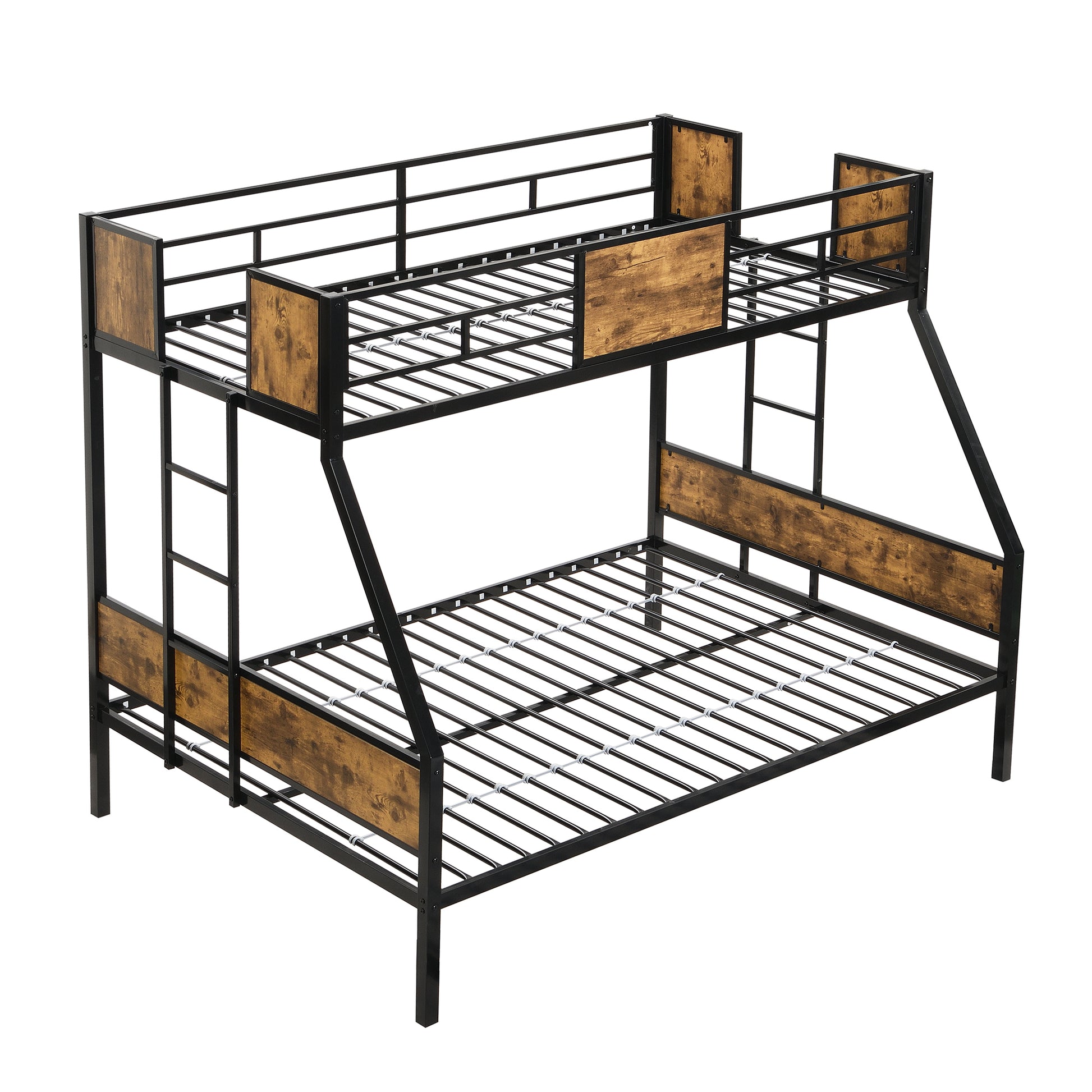 Twin Over Full Metal Bunk Bed With 2 Side Ladder And Full Length Guardrail, No Box Spring Needed, Large Under Bed Storage, Easy Assembleblack & Brown Black Brown Mdf Metal