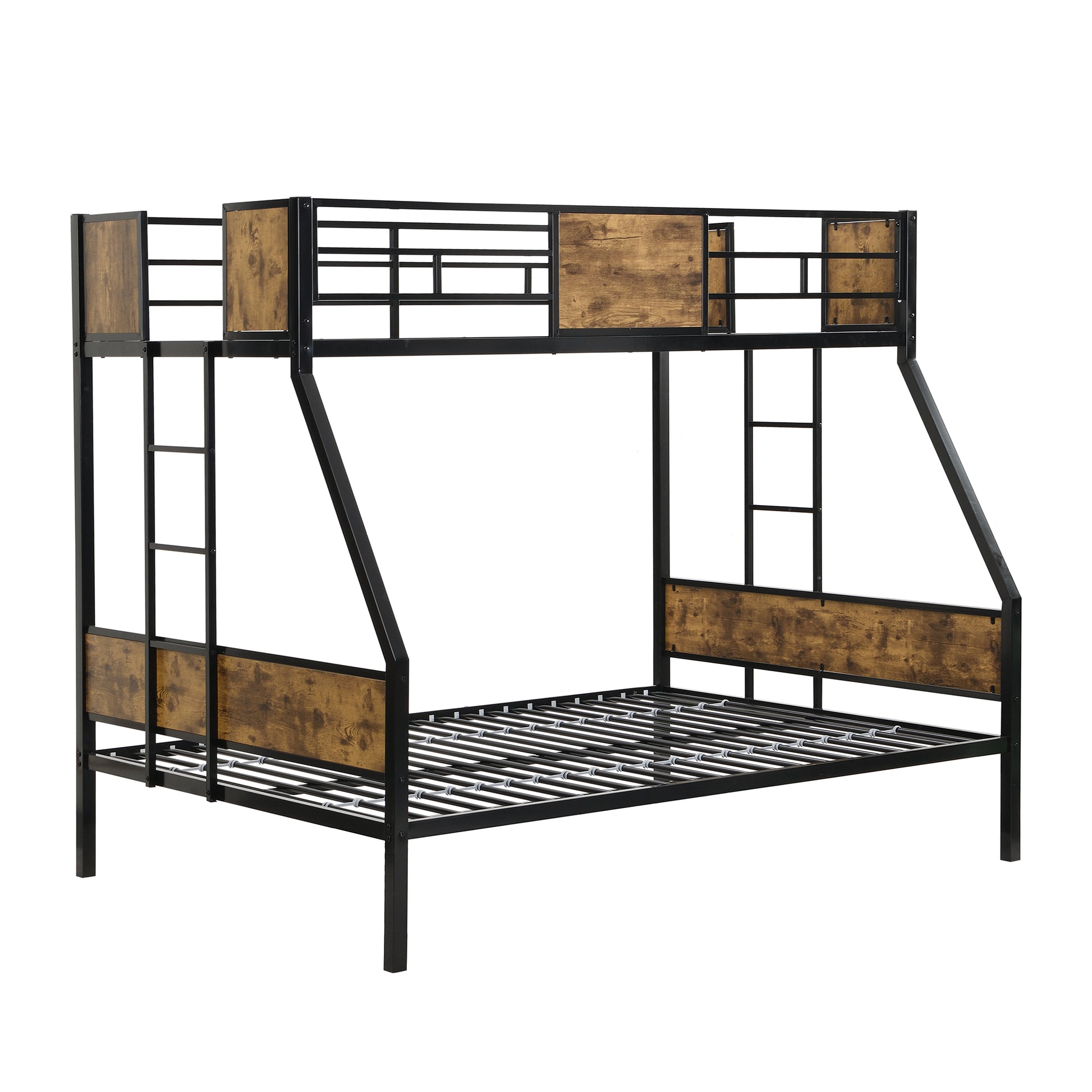 Twin Over Full Metal Bunk Bed With 2 Side Ladder And Full Length Guardrail, No Box Spring Needed, Large Under Bed Storage, Easy Assembleblack & Brown Black Brown Mdf Metal