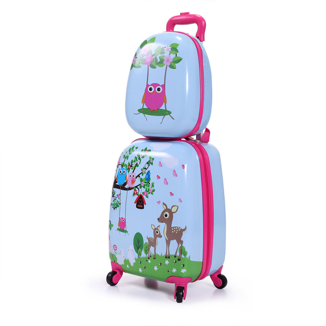 2 Pcs Kids Luggage Set, 12" Backpack And 16" Spinner Case With 4 Universal Wheels, Travel Suitcase For Boys Girls, Light Blue With Animal Patterns Pink White Abs Pc