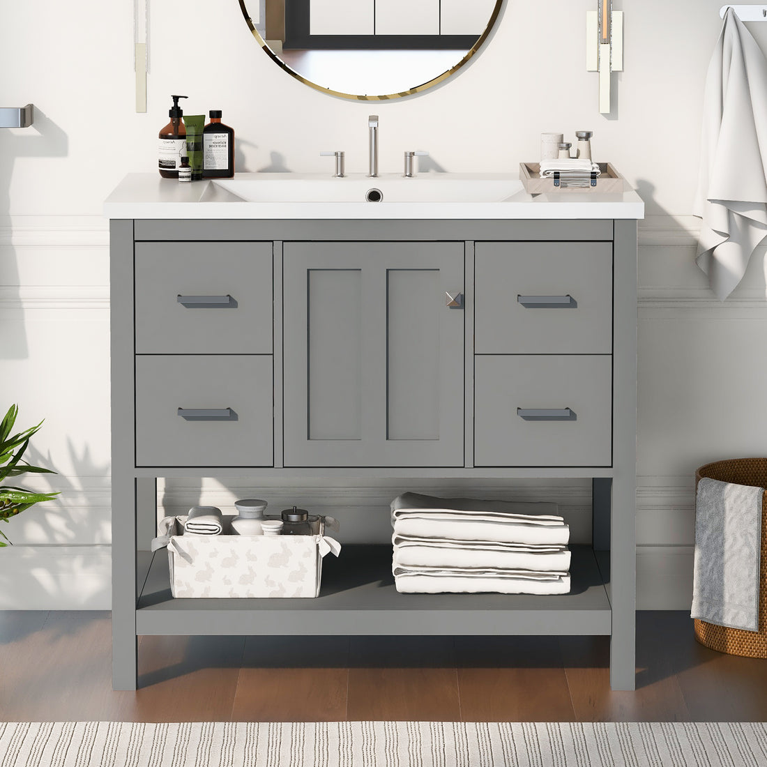 36" Gray Modern Bathroom Vanity with USB,Two Shallow gray-solid wood+mdf+resin