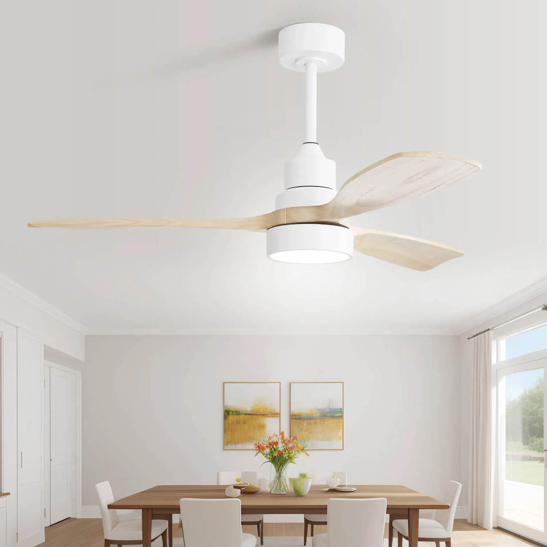 48 Inch Solid Wood Ceiling Fan With Dimmable Light 6 Speed Reversible Dc Motor White Metal & Wood