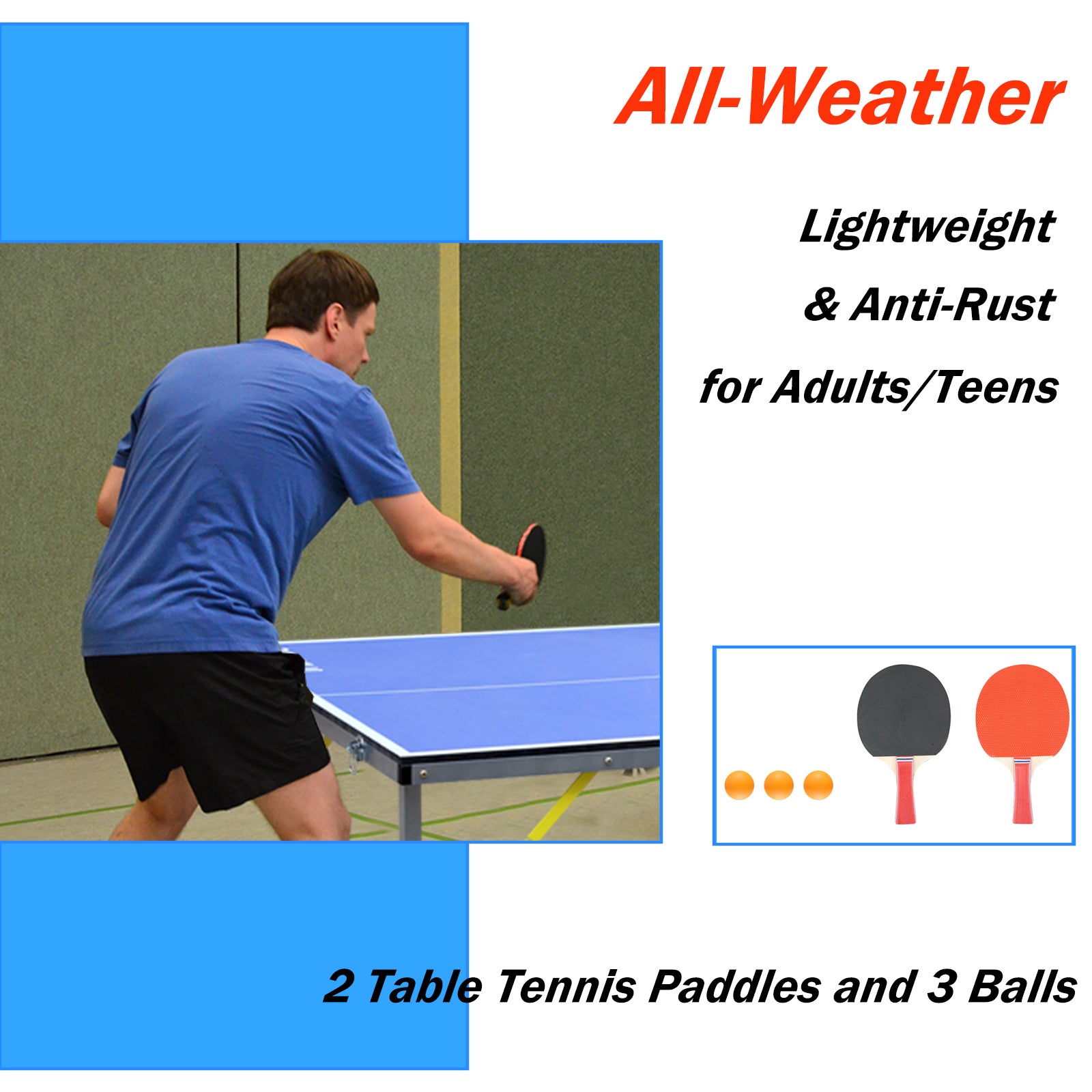 6Ft Mid Size Table Tennis Table Foldable & Portable Ping Pong Table Set For Indoor & Outdoor Games With Net, 2 Table Tennis Paddles And 3 Balls Blue Mdf