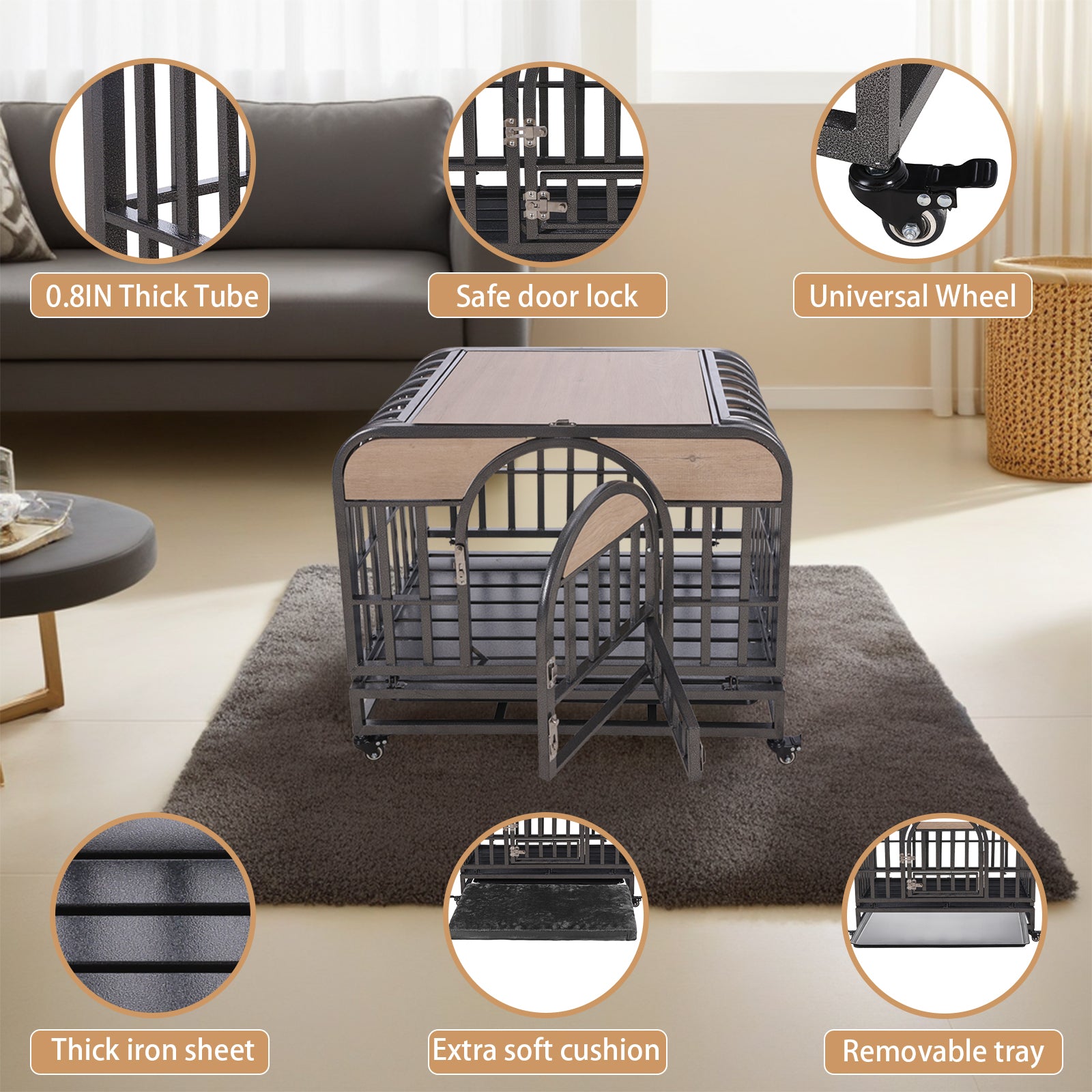 37In Heavy Duty Dog Crate, Furniture Style Dog Crate With Removable Trays And Wheels For High Anxiety Dogs Grey Abs Abs