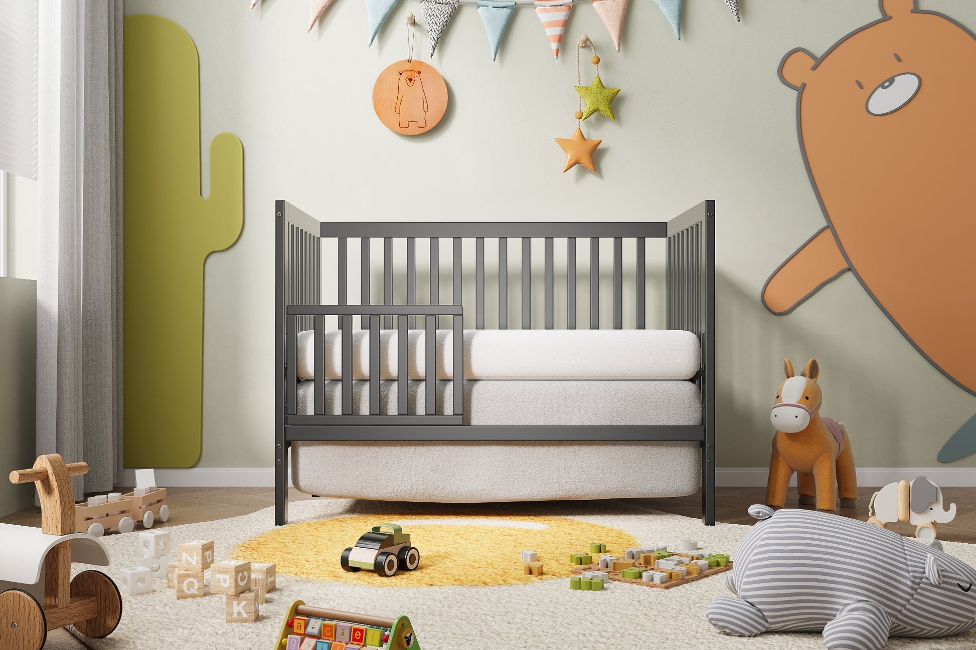 5 In 1 Convertible Crib, Converts From Baby Crib To Toddler Bed, Fits Standard Full Size Crib Mattress ,Easy To Assemble 53*29*9 Inches Black Black Classic Pine Wood