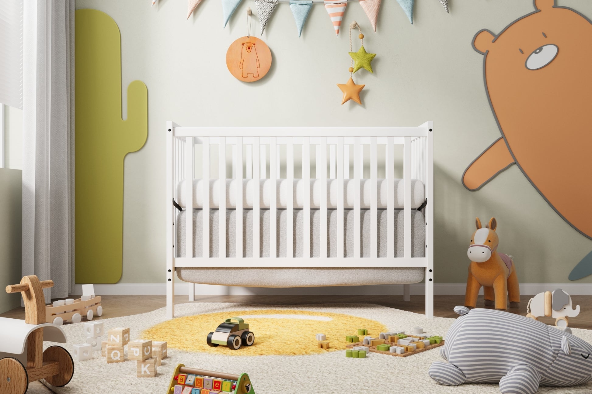 5 In 1 Convertible Crib, Converts From Baby Crib To Toddler Bed, Fits Standard Full Size Crib Mattress ,Easy To Assemble 53*29*9 Inches White White Classic Pine Wood