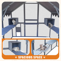 Outdoor Cat House Cat Enclosures 110" Large Kitten Playpen With Platforms,Upgrade Waterproof Cover Grew&White Blue Grey Metal & Wood