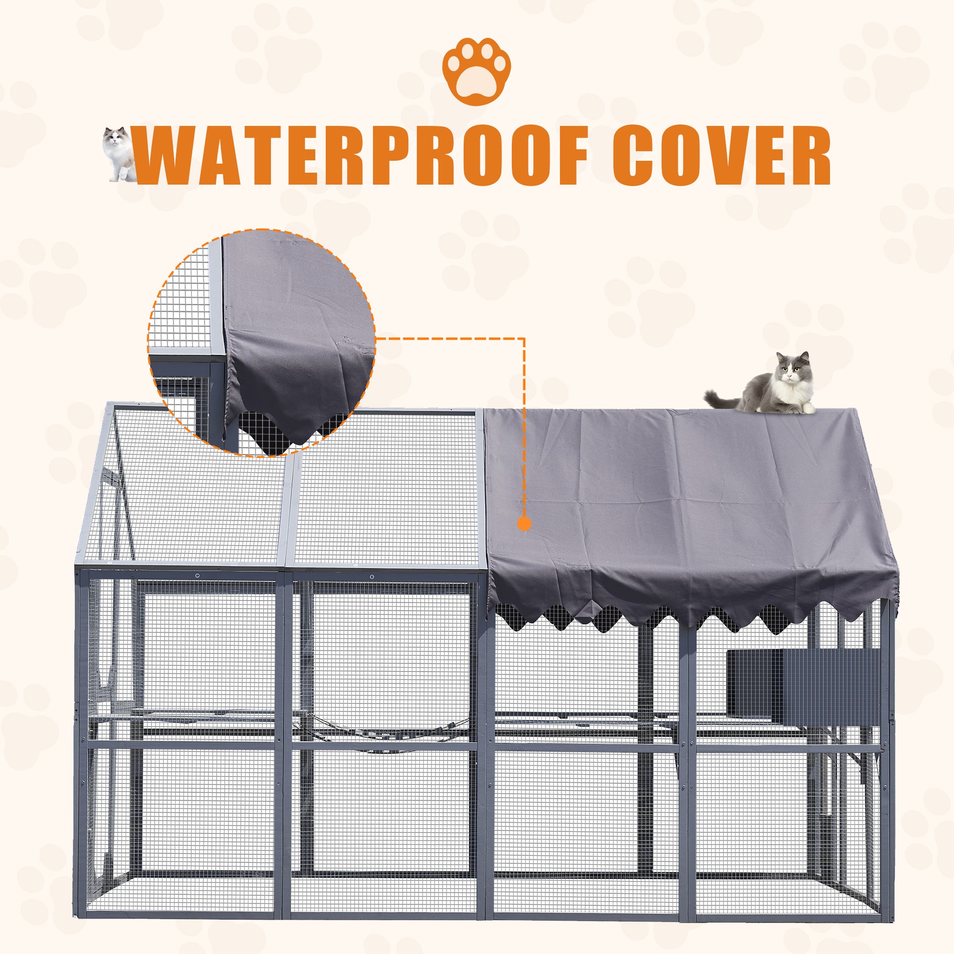 Outdoor Cat House Cat Enclosures 110" Large Kitten Playpen With Platforms,Upgrade Waterproof Cover Grew&White Blue Grey Metal & Wood