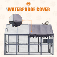 Outdoor Cat House Cat Enclosures 110" Large Kitten Playpen With Platforms,Upgrade Waterproof Cover Grew&White Blue Grey Metal & Wood