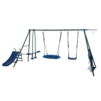 Xns052 Grey And Blue Interesting Six Function Swingset With Net Swing Metal Plastic Safe Swing Set 440Lbs For Outdoor Playground For Age 3 With 31.5In Net Swing Grey Blue Steel