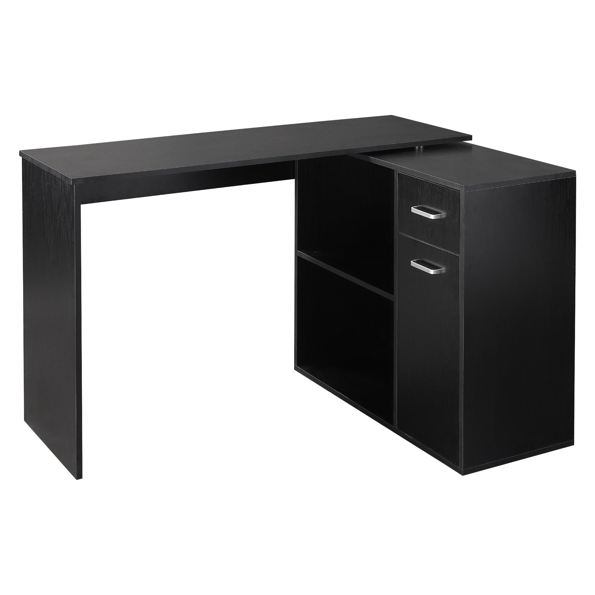 L Shaped Computer Desk, 180 Rotating Corner Desk With Storage Shelves, Drawer And Cabinet, Study Workstation For Home Office, Black Black Particle Board