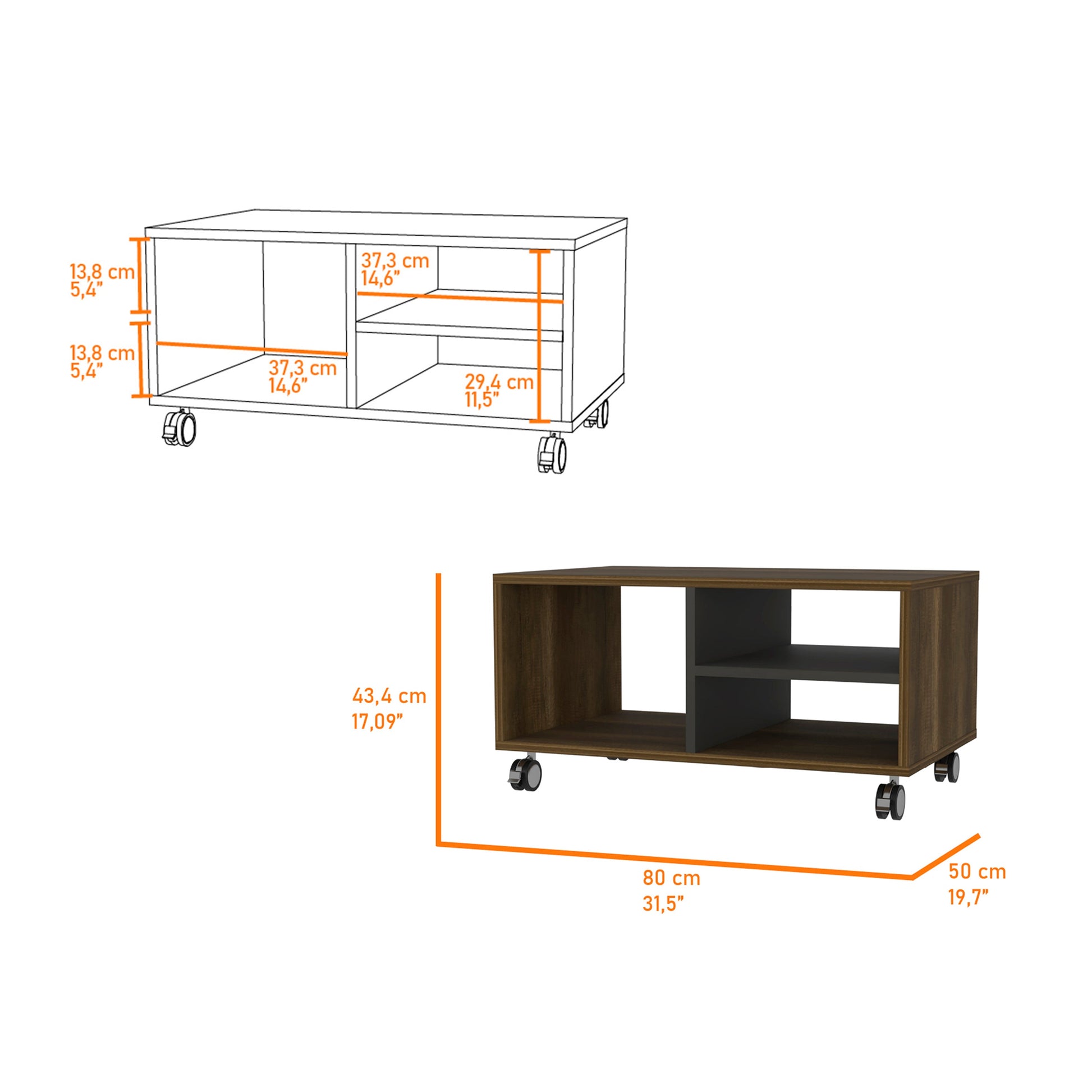 Lisboa Coffee Table, Four Casters, Three Shelves Multicolor Mdf Engineered Wood