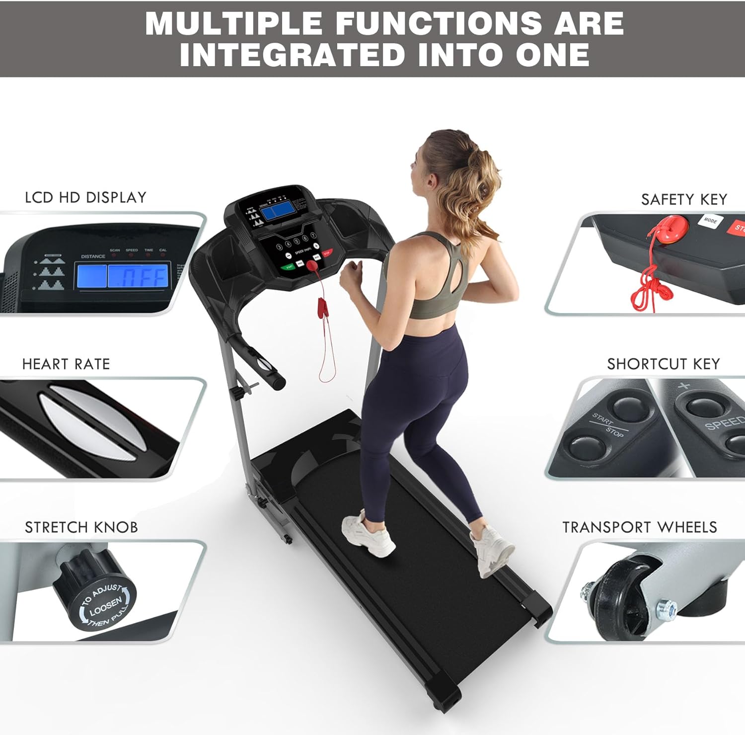 Multi Function Folding Commercial Motorized Electric Treadmill Machine Running Machine Black Metal