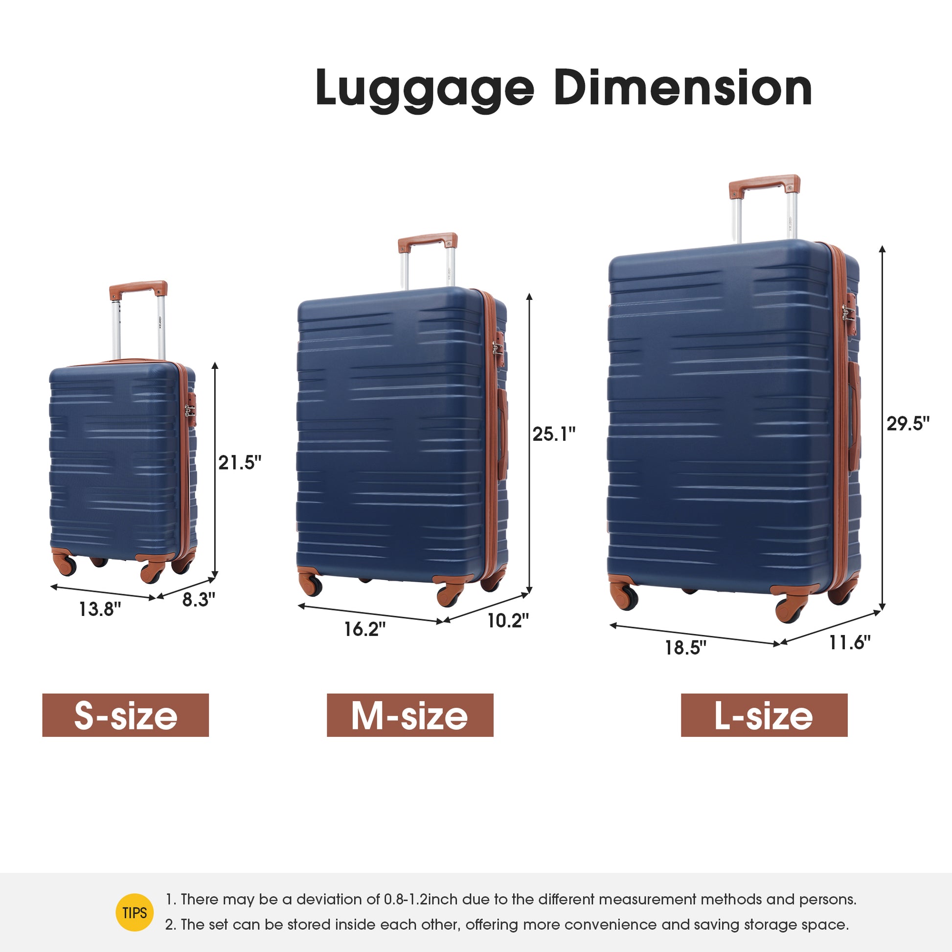 Hardshell Luggage Sets 3 Pcs Spinner Suitcase With Tsa Lock Lightweight 20''24''28'' Navy Blue Abs