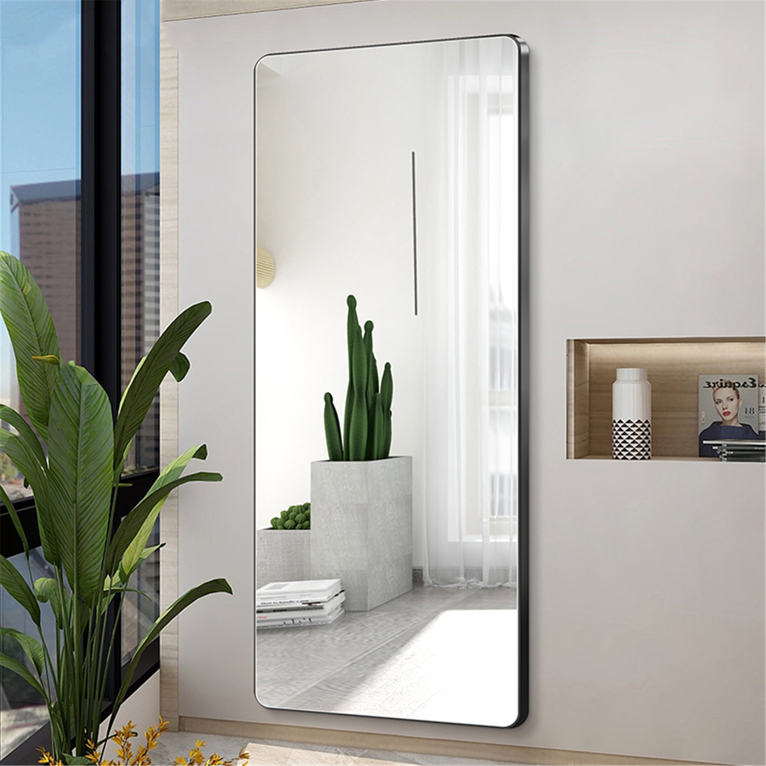 Aluminum Floor Mirror Full Length Mirrors Leaning Rounded Corner Rimless Standing Large Mirror Bedroom,Shop,Office,Hotel 5Mm Silver Mirror Black Glass