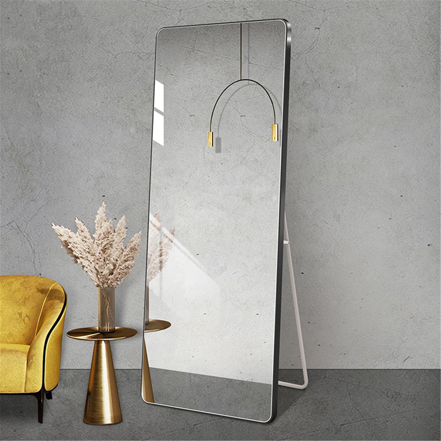 Aluminum Floor Mirror Full Length Mirrors Leaning Rounded Corner Rimless Standing Large Mirror Bedroom,Shop,Office,Hotel 5Mm Silver Mirror Black Glass