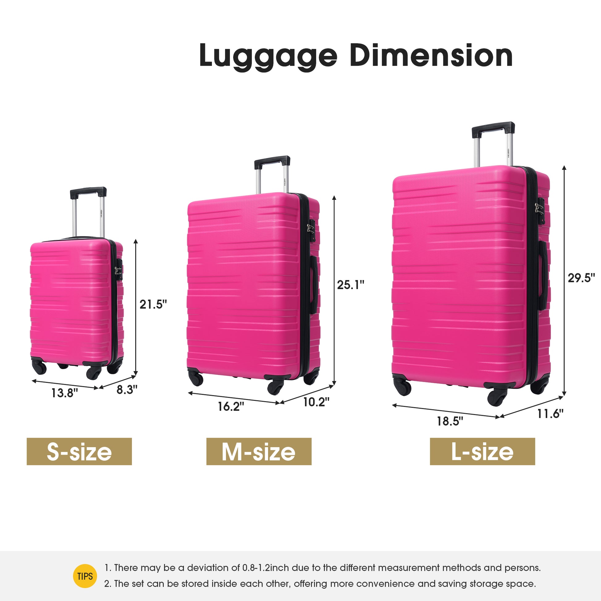 Hardshell Luggage Sets 3 Pcs Spinner Suitcase With Tsa Lock Lightweight 20''24''28'' Pink Abs