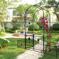 Metal Garden Arch With Gate 79.5'' Wide X 86.6'' High Climbing Plants Support Rose Arch Outdoor Black Black Iron