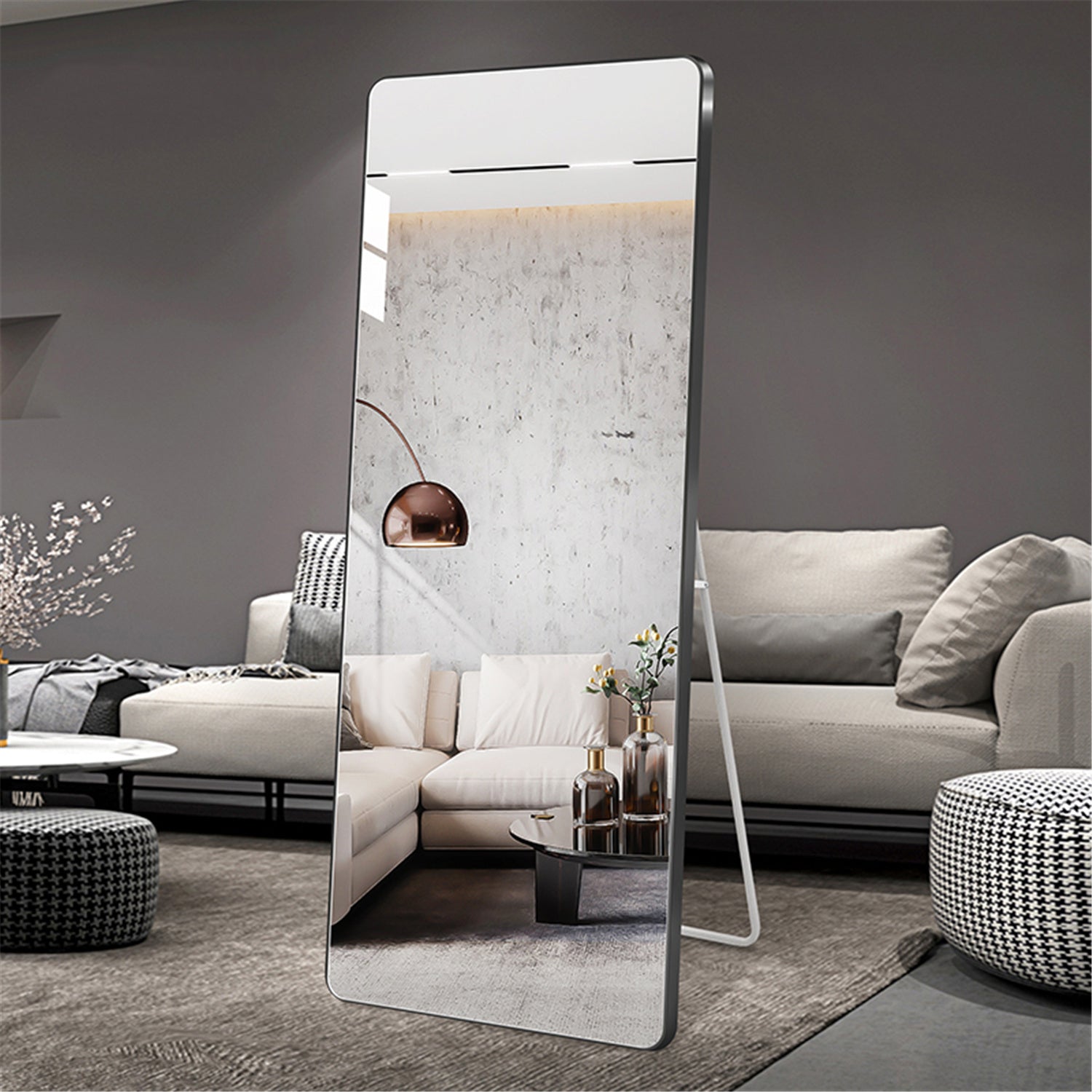 Aluminum Floor Mirror Full Length Mirrors Leaning Rounded Corner Rimless Standing Large Mirror Bedroom,Shop,Office,Hotel 5Mm Silver Mirror Black Glass