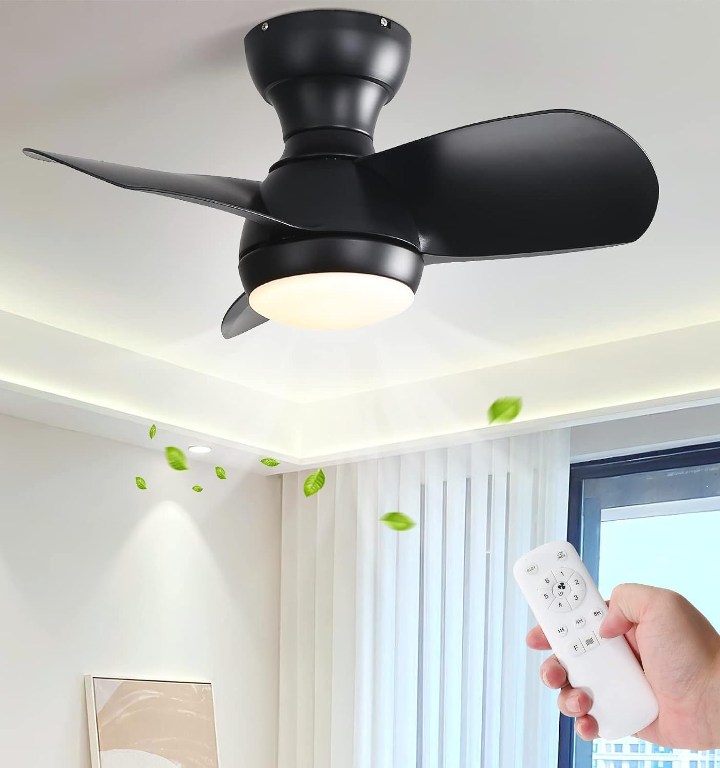 23 Inch Bedroom With 3 Color Dimmable 3 Abs Blades Remote Control Dc Motor Black With 18W Led Light Black Abs