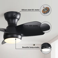 23 Inch Bedroom With 3 Color Dimmable 3 Abs Blades Remote Control Dc Motor Black With 18W Led Light Black Abs