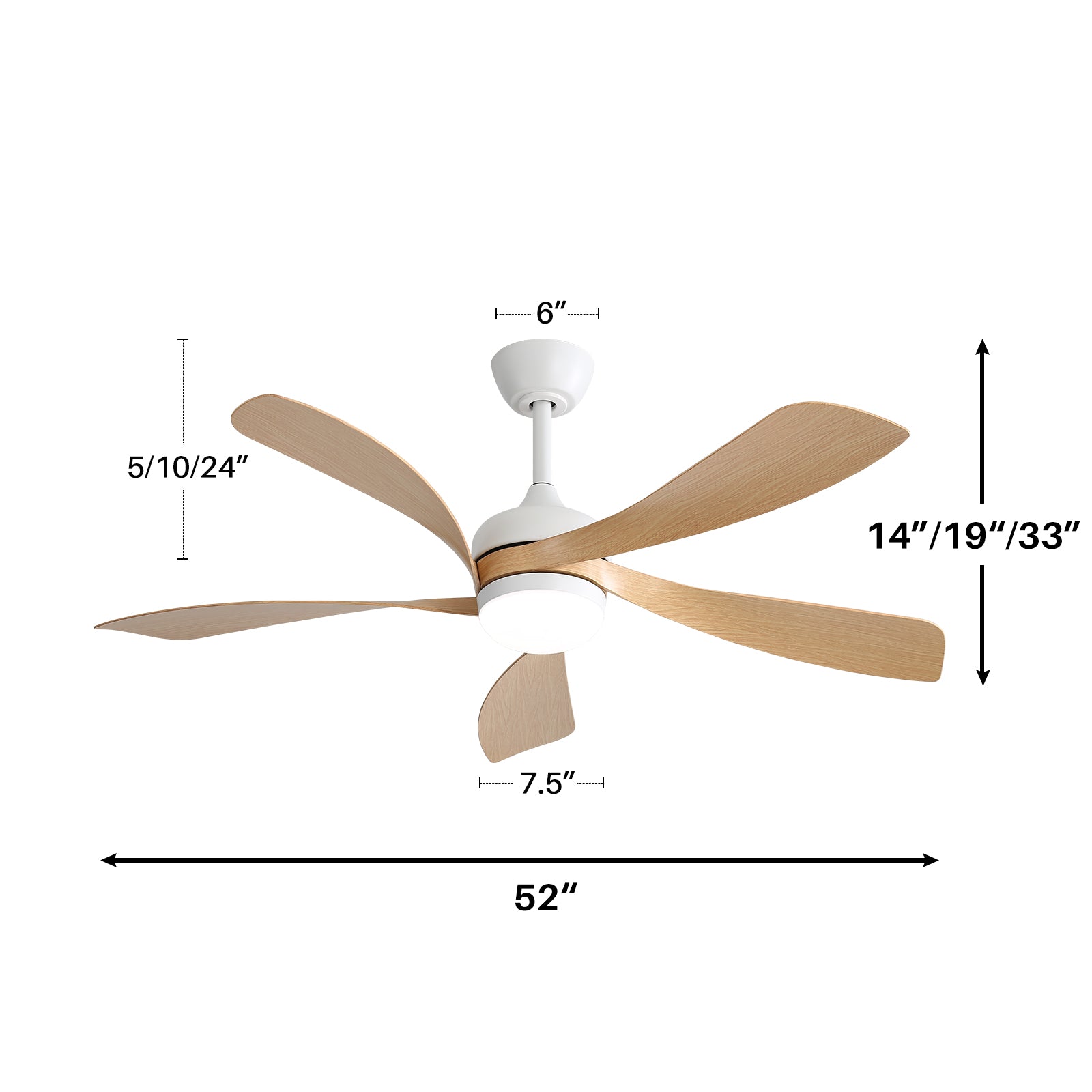 52 Inch Modern With 3 Color Dimmable Led Light 5 Abs Blades Remote Control Reversible Dc Motor White Abs