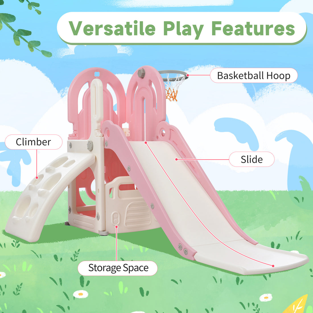 Toddler Climber And Slide Set 4 In 1, Kids Playground Climber Freestanding Slide Playset With Basketball Hoop Play Combination For Babies Indoor & Outdoor Pink Hdpe